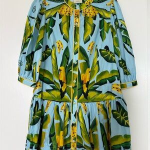 FARM Rio Blue Tropical Parrot Mini Dress with Yellow and Green Print